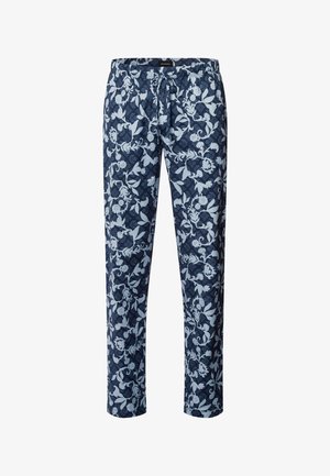 Navyblauwe pyjamabroek met een bloemenpatroon in lichtblauw. Voorzien van een elastische tailleband met een trekkoord. Gemaakt van zachte stof.