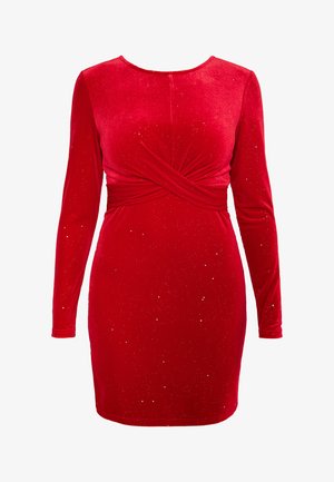 Rode fluwelen jurk met lange mouwen, voorzien van een gedraaide taille en verspreide zilveren spikkels. Gladde textuur, knie-lengte design.
