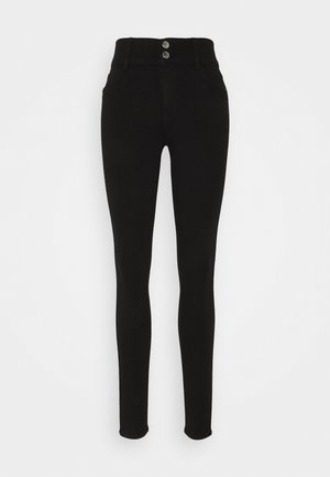 Black high-waisted jeans made from stretchy denim, featuring a smooth texture, two buttons, and four pockets. Fitted design with tapered legs.