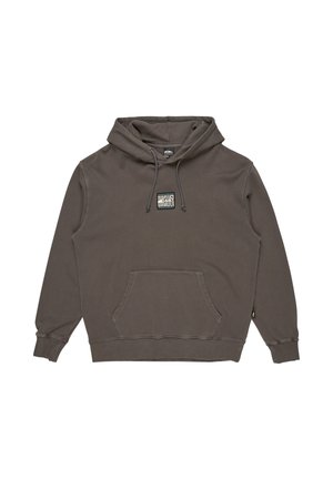 Grey cotton hoodie with drawstring hood, front pocket, ribbed cuffs, and a small graphic logo on the chest. Soft texture and casual design.