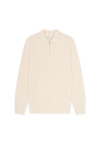 Pullover a coste crema con colletto a mezza zip e maniche lunghe. Texture morbida e design aderente.