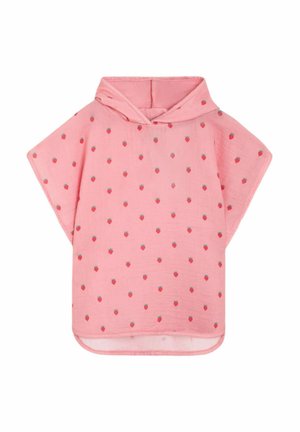 Rosa hætteponcho med små røde jordbærtryk, lavet af blødt stof med en afslappet pasform og rund kant.