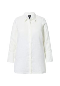Witte linnen blouse met een getailleerde kraag, lange mouwen en een rechte snit. Voorzien van een knoopsluiting aan de voorkant en een gestructureerde stof.
