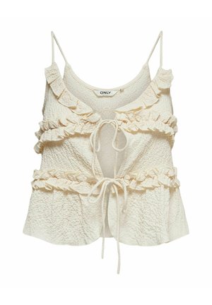 Top sans manches texturé crème avec des bandes horizontales froncées et deux liens à l’avant, étiquette "ONLY" sur l’intérieur de l’encolure.