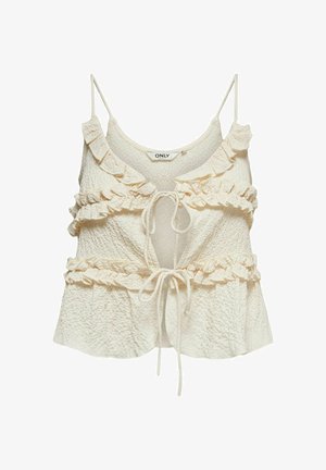 Top sans manches texturé crème avec des bandes horizontales froncées et deux liens à l’avant, étiquette "ONLY" sur l’intérieur de l’encolure.
