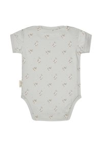 Kurzarmpullover für Babys aus weichem grauen Stoff mit zartem Blumenmuster in Beige- und Grüntönen, runder Ausschnitt und Druckknopfverschluss.