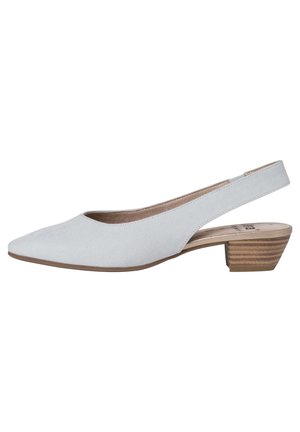 Lysegrå ruskind slingback-sko med spids tå og lav stablet træsålshæl.