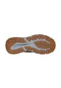 Suela de goma marrón con un patrón de tracción texturizado y multidireccional y acentos grises. Presenta una ranura central para flexibilidad y tracción.