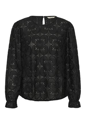 Blouse noire à manches longues en dentelle avec broderies florales, dotée d'un col rond et d'un détail dos en forme de clef. Tissu texturé et semi-transparent.