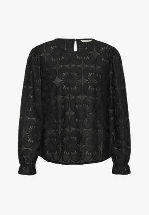 Melnā garo piedurkņu blūze no mežģīnēm ar ziedu izšuvumiem, ar apaļu kaklu un atslēgas caurumu aizmugurē. Strukturēta, daļēji caurspīdīga auduma.