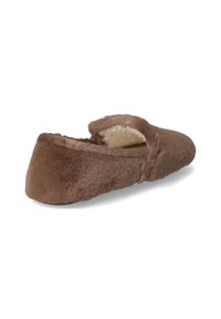 Brown, fuzzy slipper with a soft, plush texture. Features a slip-on design with a rounded toe and a slightly raised heel.