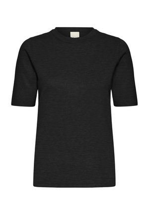 Must lühikeste varrukatega T-särk sileda kangaga, ümar kaelusega ja lõdva istuvusega, ilma nähtavate mustrite või aksentideta.