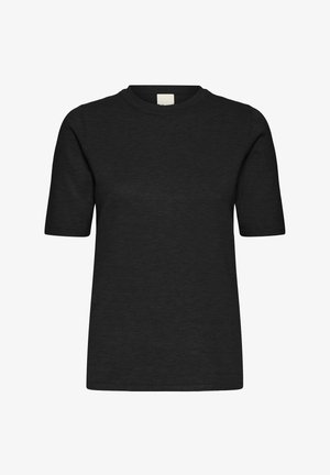 Črna majica s kratkimi rokavi iz gladkega blaga z okroglim izrezom in sproščenim krojem, brez vidnih vzorcev ali poudarkov.