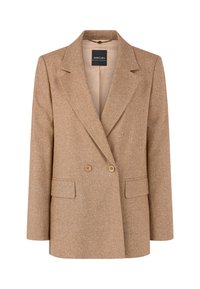 Brauner strukturierter Blazer mit taillierter Passform, doppelten Knöpfen, Reverskragen und zwei vorderen Taschen. Futter in einer helleren Farbe.