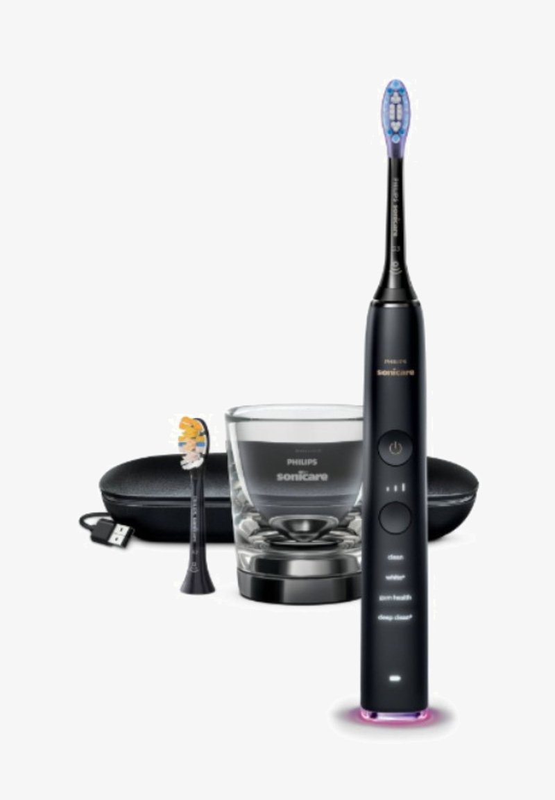 Sonicare elektrische tandenborstel in het zwart met LED-accent, een borsteltje, glazen houder en een zwarte reistas. Beschikt over meerdere reinigingsstanden.