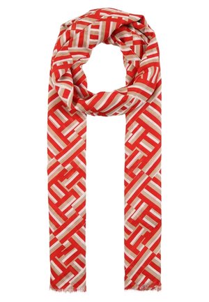 Longue écharpe rectangulaire avec un motif géométrique complexe de couleur rouge, beige et blanc, bordée de franges.