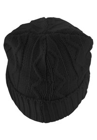 Căciulă neagră din tricot cu un model texturat în zigzag, având un tiv cu dungi la bază și o parte superioară rotunjită pentru o potrivire strânsă.