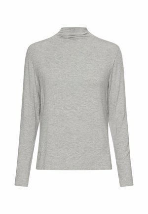 Hellgraues langärmeliges Turtleneck-Oberteil aus weichem Stoff. Es verfügt über eine lockere Passform und ein minimalistisches Design mit dezenten Steppnähten.