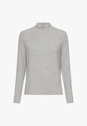 Hellgraues langärmeliges Turtleneck-Oberteil aus weichem Stoff. Es verfügt über eine lockere Passform und ein minimalistisches Design mit dezenten Steppnähten.