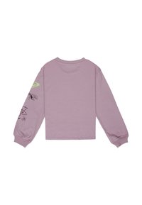 Långärmad, ljuslila T-shirt i bomull med gröna accenter och svarta blommönster på vänster ärm. Rund halsringning och ribbade ärmslut.