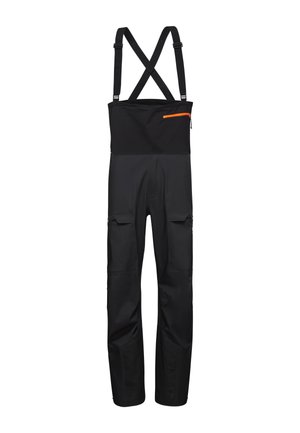 Black waterproof overalls with adjustable crossed suspenders, a front pocket with an orange zipper, and reinforced knee panels.