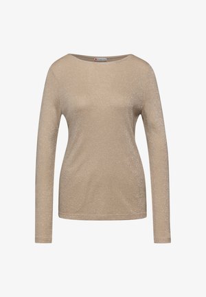 Langsleeve, ronde hals shirt in een lichtbeige kleur met een glanzende, gestructureerde afwerking. De stof is zacht en heeft een gladde uitstraling.