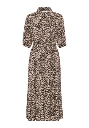 Leopárdmintás midi ruha bézs és fekete színben. Rövid ujjak, galléros nyak és hozzá illő öv. Lágyságával és áramlásával kiemelkedő anyag.