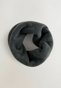 Dark gray fleece infinity scarf, soft texture, circular shape, smoothly stitched edges, no visible hardware or patterns.