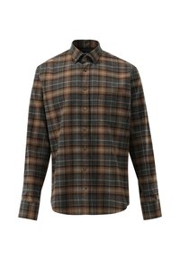 Karierte Bluse in Dunkelbraun, Rost und Blau, mit einem Button-Down-Kragen, langen Ärmeln und einem weichen, strukturierten Stoff. Fünf Knöpfe vorne.