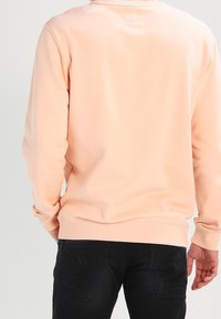 Persona vestida con un sudadera color melocotón claro y jeans negros, vista desde atrás, con las manos relajadas a los lados.
