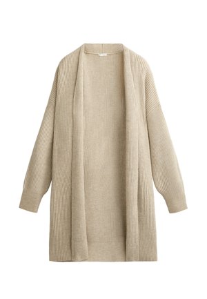 Beige geribbelde gebreide open voorkant cardigan met lange mouwen en een relaxte pasvorm, plat weergegeven op een witte achtergrond.
