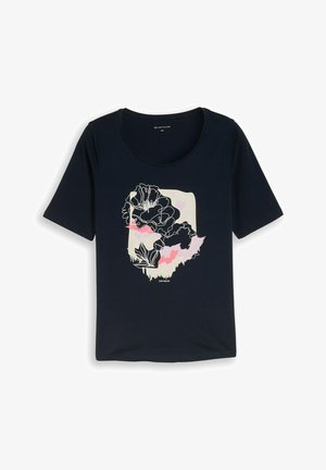 T-shirt noir à manches courtes avec motif floral abstrait crème, rose et noir sur le devant, étiquette Tom Tailor taille 44.