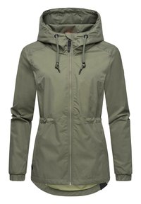 Olivgrön zip-up jacka med huva, elastisk midja och manschetter. Slätt tyg med dragsko-detalj och en längre bakkant. Enkel design.