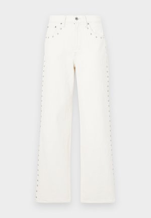 White denim wide-leg jeans featuring rivet detailing along the sides and front button closure. Reinforced pockets and a classic cut.