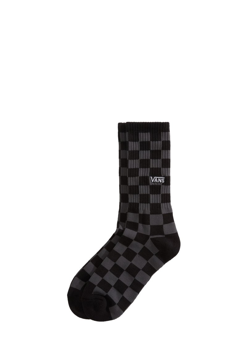 Schwarz-graue karierten Crew-Socken mit gerippten Bündchen und einem kleinen weißen Vans-Logo an der Seite.