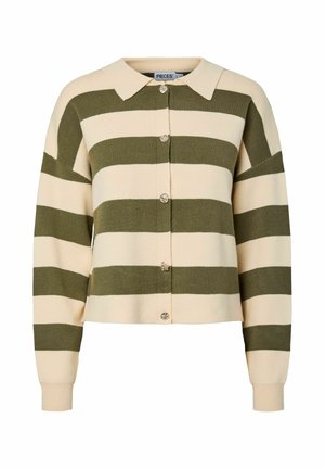 Krem- og olivengrønnstripet cardigan med krage, lange ermer og dekorative knapper foran. Myk strikket tekstur, kort lengde.