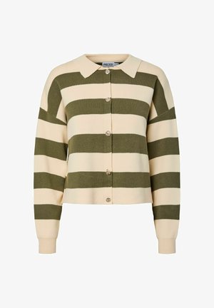 Krem- og olivengrønnstripet cardigan med krage, lange ermer og dekorative knapper foran. Myk strikket tekstur, kort lengde.