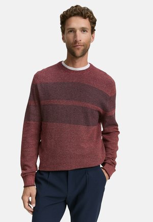 Rot- und grauabgestreifter Pullover, gestrickte Textur, runder Halsausschnitt, lange Ärmel, kombiniert mit marineblauen Hosen. Fokus auf Farbkontrast und Muster.