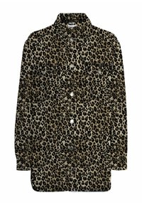 Leopardprint skjorte lavet af blødt stof, med krave, knaplukning og to forlommer med metalknapper.