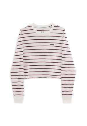 Cropped long-sleeve shirt in white with maroon horizontal stripes. Features a crew neck and a small black "VANS" logo on the chest.