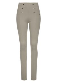 Béžové slim kalhoty s vysokým pasem, se šesti dekorativními stříbrnými knoflíky a předními kapsami, vyrobené z hladkého materiálu.