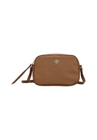 Borsa a tracolla textured marrone con forma rettangolare, hardware dorato e dettaglio del logo sul davanti. Dotata di una tracolla regolabile.