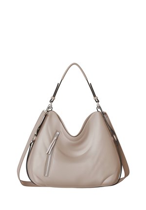 Beige slouchy handbag made of smooth leather, featuring a curved shape, a zippered pocket on the front, and an adjustable strap.