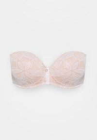 Strapless beige lace bra with floral patterns, molded cups, and a small decorative bow at the center front.