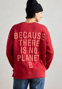 Person, der einen roten Sweatshirt mit dem Text "WEIL ES KEINEN PLANETEN B GIBT" auf dem Rücken und eine schwarze Mütze trägt, von der Kamera abgewandt.