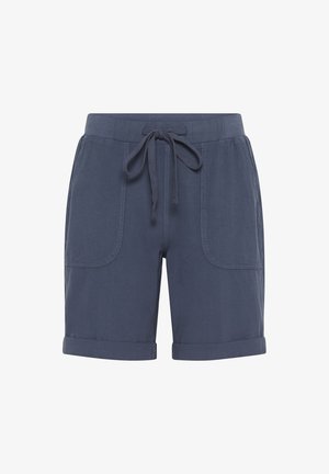 Shorts bleu marine en coton, dotés d'une taille élastique avec cordon de serrage, de deux grandes poches latérales et de revers roulés. Texture lisse avec un minimum de détails.