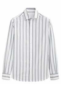 Witte button-up shirt met verticale marineblauwe strepen, lange mouwen, klassieke kraag en manchetten met details. Gemaakt van lichtgewicht stof.