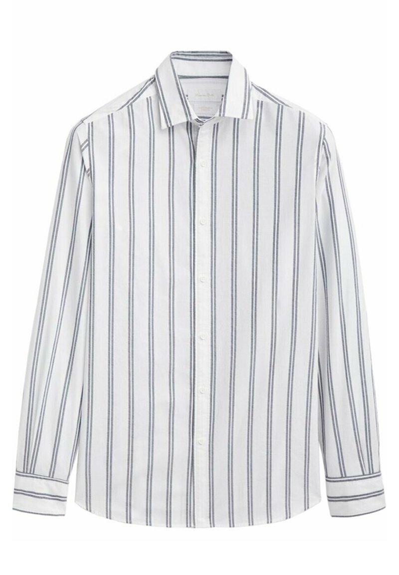 Witte button-up shirt met verticale marineblauwe strepen, lange mouwen, klassieke kraag en manchetten met details. Gemaakt van lichtgewicht stof.