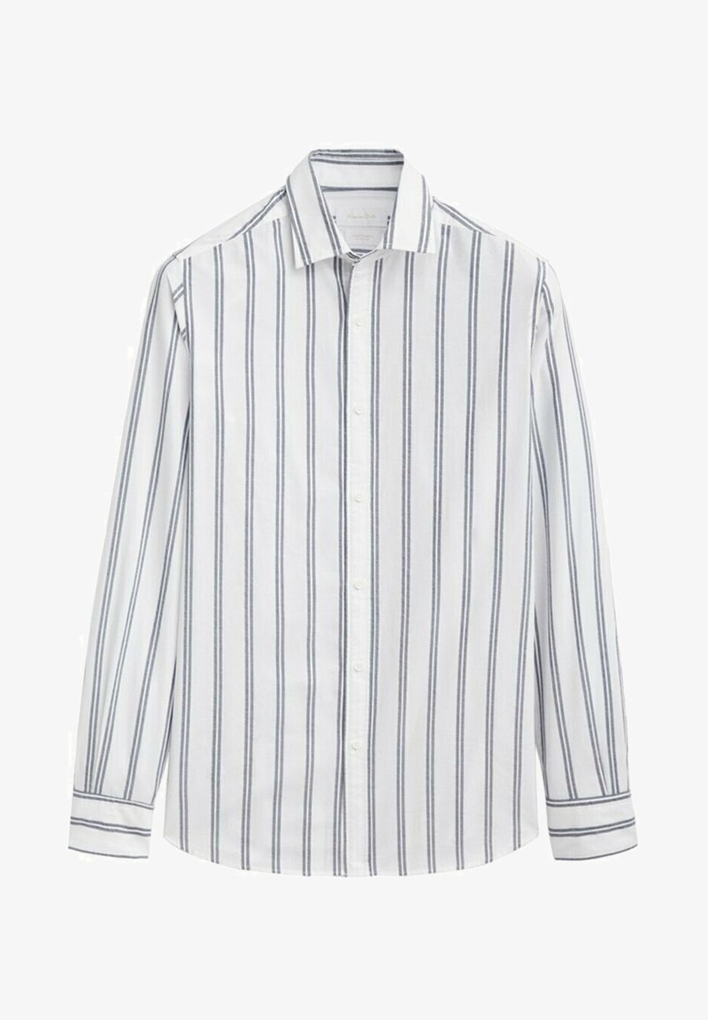 Witte button-up shirt met verticale marineblauwe strepen, lange mouwen, klassieke kraag en manchetten met details. Gemaakt van lichtgewicht stof.
