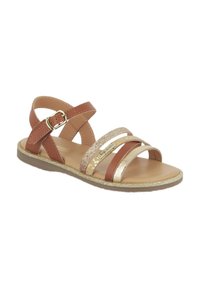 Sandali in pelle marrone e oro con più cinturini, dettagli glitterati e chiusura a fibbia. Suola piatta con una finitura testurizzata.